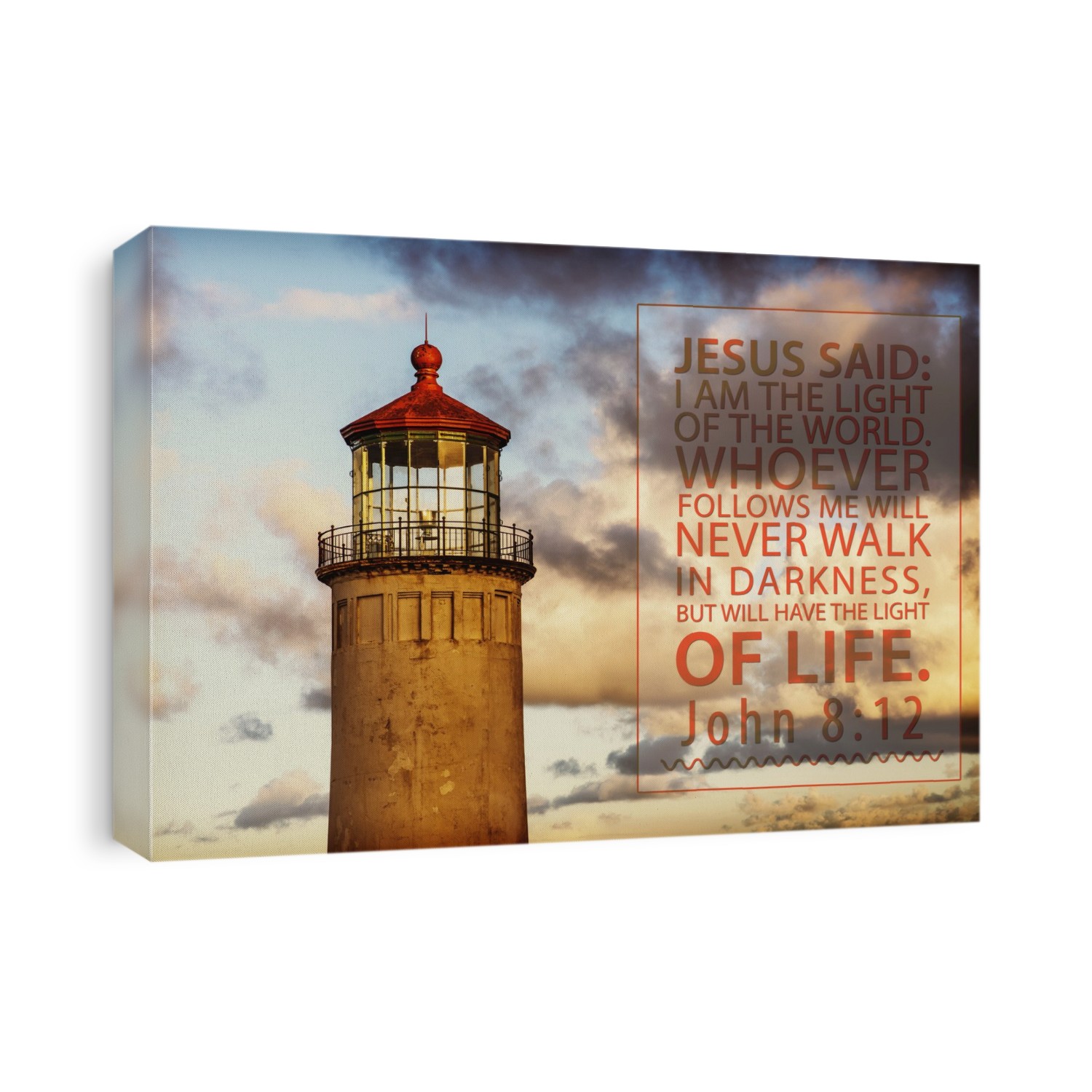 Image Of A Lighthouse Under A Sky Of Glowing Clouds And A Scripture From John 8:12