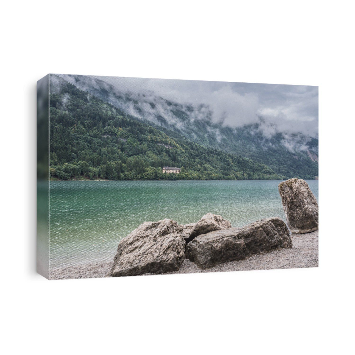 View of Lago di Molveno [Molveno lake] surrounded to the west by central chain of Brenta group, to south-east by massif of Mount Gazza & Paganella, Molveno village, Brenta Dolomites, Trento, Italy