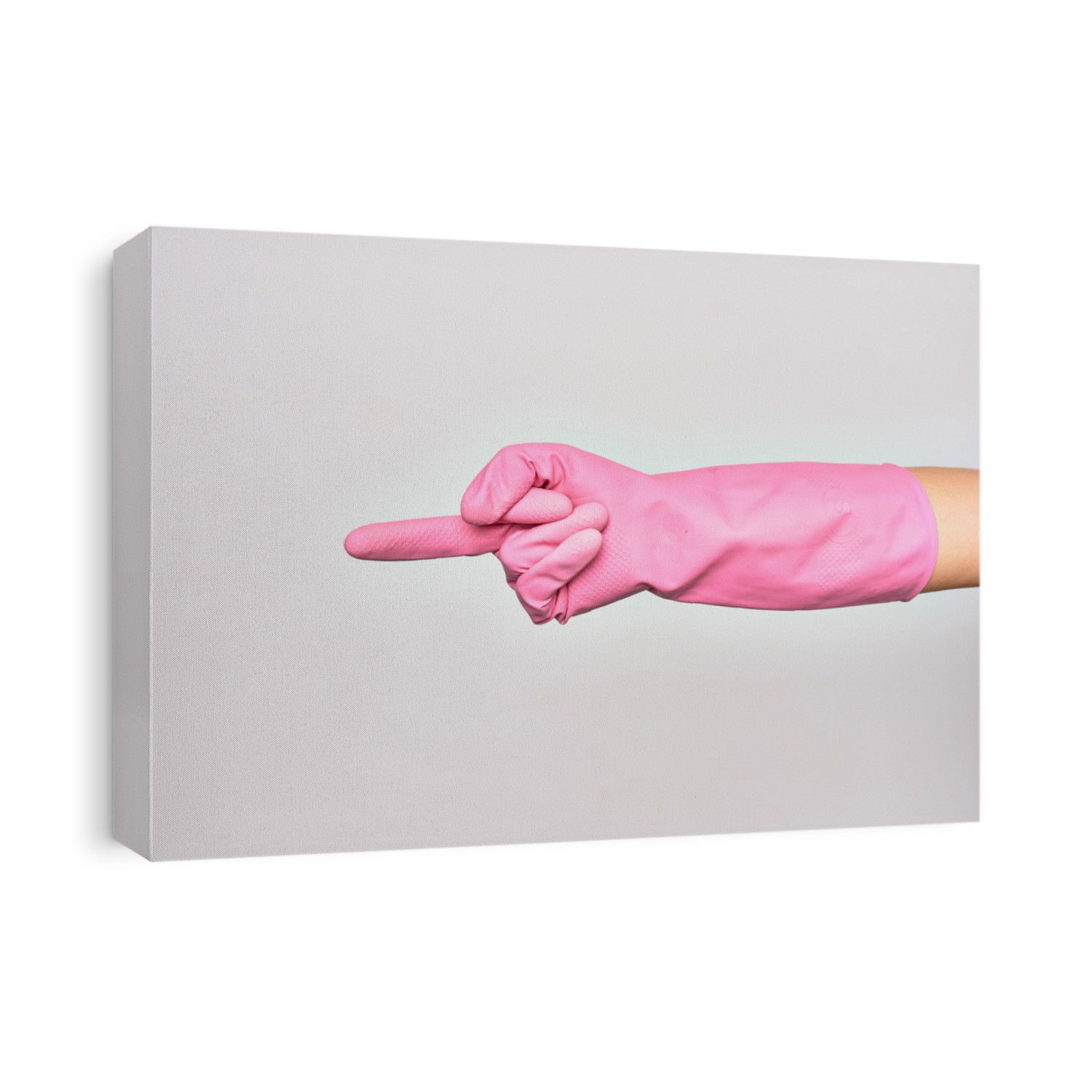 Hand of caucasian young woman wearing pink cleaning glove. Showing middle finger doing fuck you sign over isolated white background