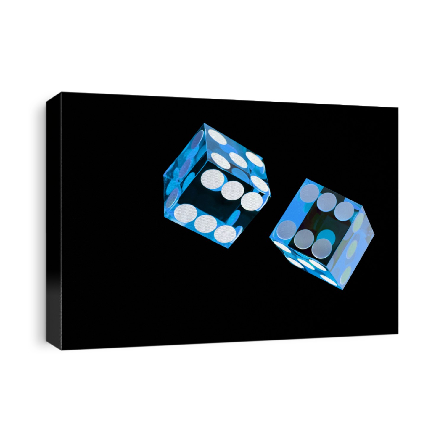 Two casino precision craps blue dice  on black background