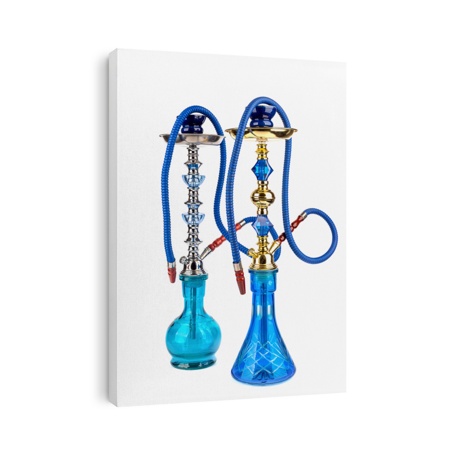 Two hookahs shishas with blue glass flask and metal bowl on a white background. Tradition eastern relaxation. Close up.